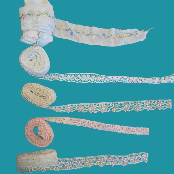 Other - Vintage Lace Trim Lot 5pc Embroidered Floral Scalloped White Peach Cream Sewing